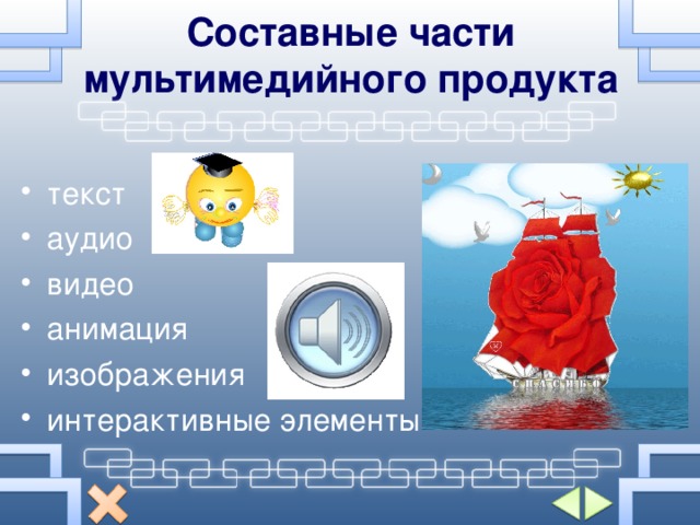 Составные части мультимедийного продукта текст аудио видео анимация изображения интерактивные элементы 