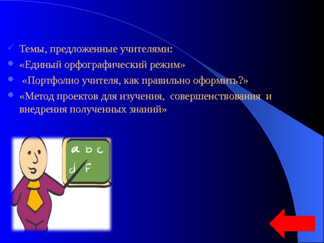 Темы, предложенные учителями: «Единый орфографический режим»  «Портфолио учителя, как правильно оформить?» «Метод проектов для изучения, совершенствования и внедрения полученных знаний» 
