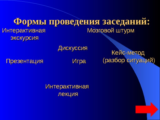  Формы проведения заседаний: Мозговой штурм Интерактивная экскурсия Дискуссия Кейс-метод (разбор ситуаций) Игра Презентация Интерактивная лекция 