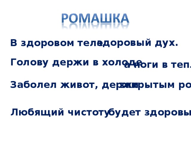 здоровый дух. В здоровом теле Голову держи в холоде а ноги в тепле. Заболел живот, держи закрытым рот. Любящий чистоту будет здоровым.