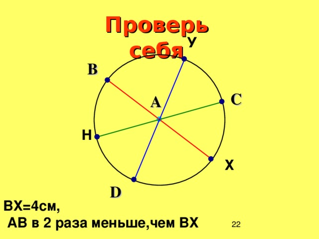 Проверь себя У B C А Н Х D ВХ=4см,  АВ в 2 раза меньше,чем ВХ