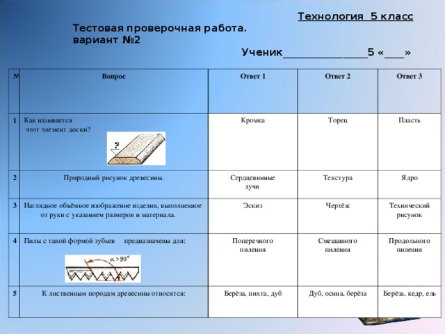 Технология 5 класс Тестовая проверочная работа. вариант №2 Ученик_________________5 «____»  № Вопрос 1 2 Ответ 1 Как называется  этот элемент доски? Природный рисунок древесины. Ответ 2 Кромка 3 4 Наглядное объёмное изображение изделия, выполненное от руки с указанием размеров и материала. Сердцевинные лучи Торец Ответ 3 Текстура Пласть Эскиз Пилы с такой формой зубьев предназначены для: 5 Ядро Чертёж Поперечного пиления К лиственным породам древесины относятся: Технический рисунок Смешанного пиления Берёза, пихта, дуб Продольного пиления Дуб, осина, берёза Берёза, кедр, ель