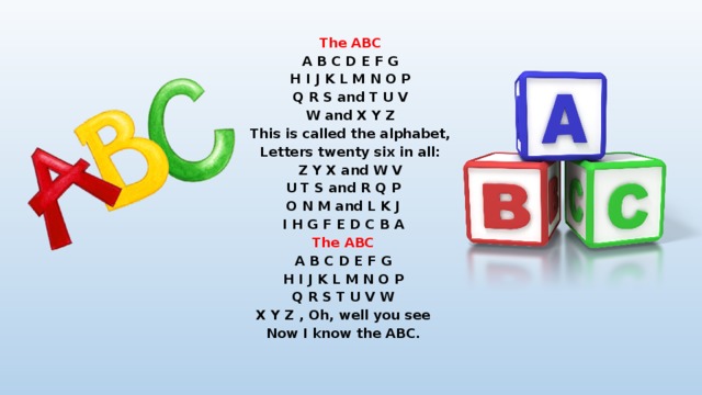 The ABC A B C D E F G H I J K L M N O P Q R S and T U V W and X Y Z This is called the alphabet, Letters twenty six in all: Z Y X and W V U T S and R Q P O N M and L K J I H G F E D C B A The ABC A B C D E F G H I J K L M N O P Q R S T U V W X Y Z , Oh, well you see Now I know the ABC. Государственное бюджетное профессиональное образовательное учреждение Нижегородской области «Краснобаковский лесной колледж»  