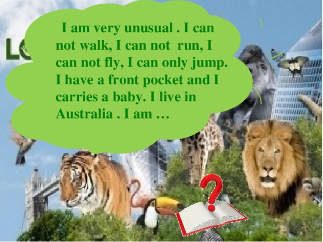  I am very unusual . I can not walk, I can not run, I can not fly, I can only jump. I have a front pocket and I carries a baby. I live in Australia . I am … 