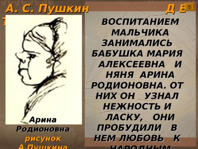  А. С. Пушкин Д Е Т С Т В О ВОСПИТАНИЕМ МАЛЬЧИКА ЗАНИМАЛИСЬ БАБУШКА МАРИЯ АЛЕКСЕЕВНА И НЯНЯ АРИНА РОДИОНОВНА. ОТ НИХ ОН УЗНАЛ НЕЖНОСТЬ И ЛАСКУ, ОНИ ПРОБУДИЛИ В НЕМ ЛЮБОВЬ К НАРОДНЫМ ПЕСНЯМ И СКАЗКАМ. пушкин\ArtDekadans.jpg Арина Родионовна рисунок А.Пушкина  