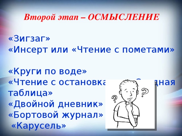 Второй этап – ОСМЫСЛЕНИЕ «Зигзаг» «Инсерт или «Чтение с пометами»  «Круги по воде»  «Чтение с остановками» «Сводная таблица» «Двойной дневник» «Бортовой журнал»  «Карусель» 