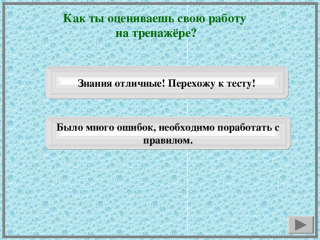 Как ты оцениваешь свою работу на тренажёре? Знания отличные! Перехожу к тесту! Было много ошибок, необходимо поработать с правилом.