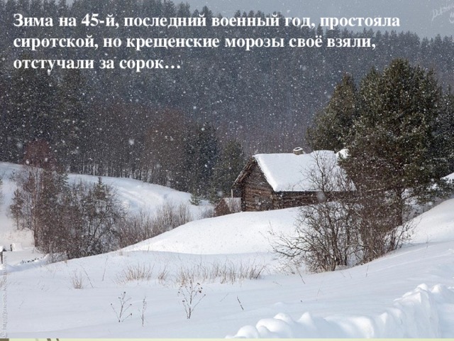 Зима на 45-й, последний военный год, простояла сиротской, но крещенские морозы своё взяли, отстучали за сорок…  21.10.16 http://aida.ucoz.ru 