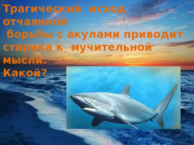 Трагический исход отчаянной  борьбы с акулами приводит старика к мучительной мысли. Какой? 