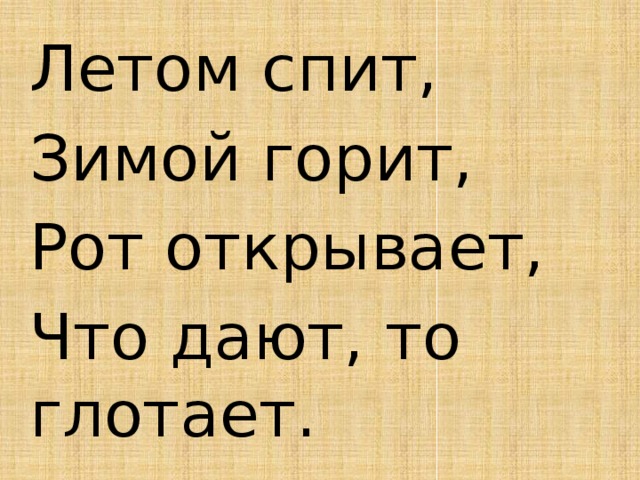 Летом спит, Зимой горит, Рот открывает, Что дают, то глотает. 