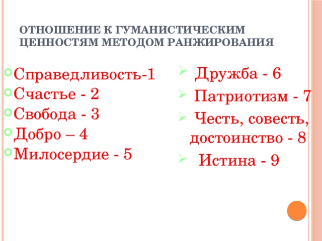 Отношение к гуманистическим ценностям методом ранжирования  Дружба - 6  Патриотизм - 7  Честь, совесть, достоинство - 8  Истина - 9 Справедливость-1 Счастье - 2 Свобода - 3 Добро – 4 Милосердие - 5 