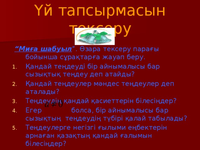 Үй тапсырмасын тексеру  “ Миға шабуыл ”. Өзара тексеру парағы бойынша сұрақтарға жауап беру.