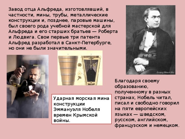 Завод отца Альфреда, изготовлявший, в частности, мины, трубы, металлические конструкции и, позднее, паровые машины, был своего рода учебной мастерской для Альфреда и его старших братьев — Роберта и Людвига. Свои первые три патента Альфред разработал в Санкт-Петербурге, но они не были значительными.   Благодаря своему образованию, полученному в разных странах, Нобель читал, писал и свободно говорил на пяти европейских языках — шведском, русском, английском, французском и немецком. Ударная морская мина конструкции Эммануэля Нобеля времен Крымской войны. 