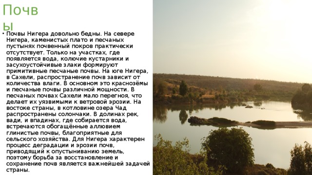 Почвы Почвы Нигера довольно бедны. На севере Нигера, каменистых плато и песчаных пустынях почвенный покров практически отсутствует. Только на участках, где появляется вода, колючие кустарники и засухоустойчивые злаки формируют примитивные песчаные почвы. На юге Нигера, в Сахели, распространение почв зависит от количества влаги. В основном это краснозёмы и песчаные почвы различной мощности. В песчаных почвах Сахели мало перегноя, что делает их уязвимыми к ветровой эрозии. На востоке страны, в котловине озера Чад распространены солончаки. В долинах рек, вади, и впадинах, где собирается вода, встречаются обогащённые аллювием глинистые почвы, благоприятные для сельского хозяйства. Для Нигера характерен процесс деградации и эрозии почв, приводящий к опустыниванию земель, поэтому борьба за восстановление и сохранение почв является важнейшей задачей страны. 