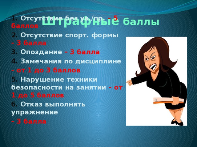 Штрафные баллы   1. Отсутствие без ув./пр. – 5 баллов 2. Отсутствие спорт. формы – 3 балла 3. Опоздание – 3 балла 4. Замечания по дисциплине – от 1 до 3 баллов 5. Нарушение техники безопасности на занятии – от 1 до 5 баллов 6. Отказ выполнять упражнение – 3 балла  