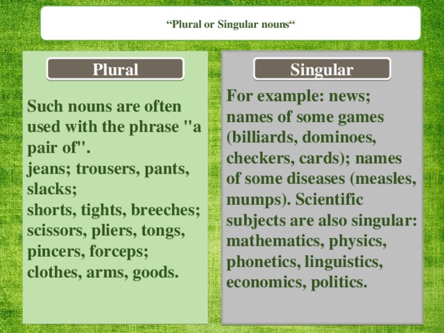 “ Plural or Singular nouns“ For example: news; names of some games (billiards, dominoes, checkers, cards); names of some diseases (measles, mumps). Scientific subjects are also singular: mathematics, physics, phonetics, linguistics, economics, politics. Such nouns are often used with the phrase 