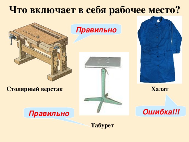 Что включает в себя рабочее место? Правильно Столярный верстак Халат Ошибка!!! Правильно Табурет