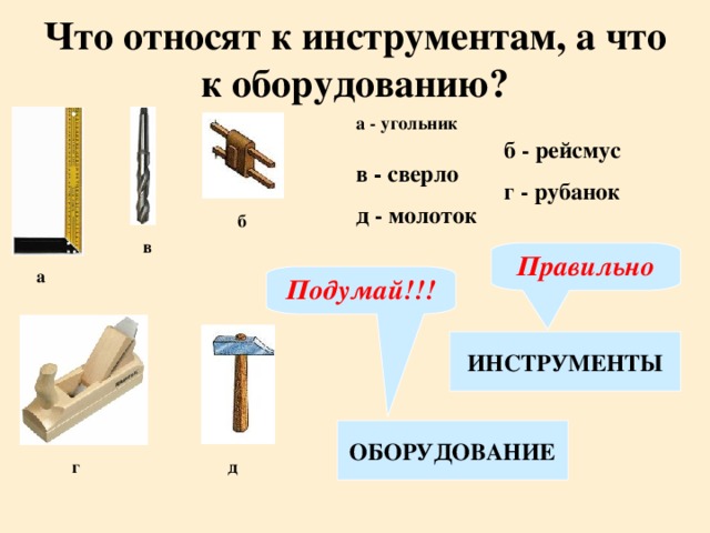 Что относят к инструментам, а что к оборудованию? а -  угольник б - рейсмус в - сверло г - рубанок д - молоток б в Правильно а Подумай!!! ИНСТРУМЕНТЫ ОБОРУДОВАНИЕ г д