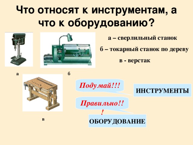 Что относят к инструментам, а что к оборудованию? а  – сверлильный станок б – токарный станок по дереву в - верстак б а Подумай!!! ИНСТРУМЕНТЫ Правильно!!! ОБОРУДОВАНИЕ в