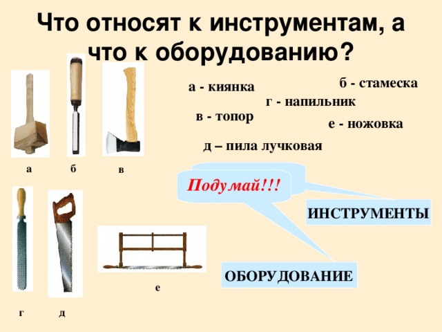Что относят к инструментам, а что к оборудованию? б - стамеска а - киянка  г - напильник в - топор е - ножовка д – пила лучковая а б в Правильно Подумай!!! ИНСТРУМЕНТЫ ОБОРУДОВАНИЕ е д г