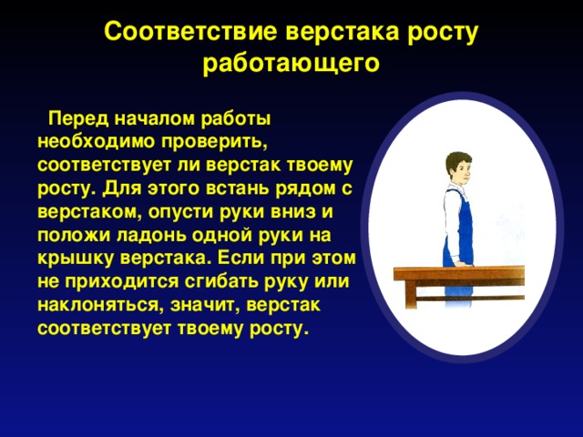 Соответствие верстака росту работающего  Перед началом работы необходимо проверить, соответствует ли верстак твоему росту. Для этого встань рядом с верстаком, опусти руки вниз и положи ладонь одной руки на крышку верстака. Если при этом не приходится сгибать руку или наклоняться, значит, верстак соответствует твоему росту.