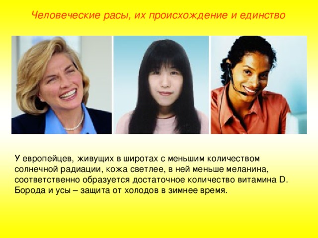 Человеческие расы, их происхождение и единство У европейцев, живущих в широтах с меньшим количеством солнечной радиации, кожа светлее, в ней меньше меланина, соответственно образуется достаточное количество витамина D . Борода и усы – защита от холодов в зимнее время.  