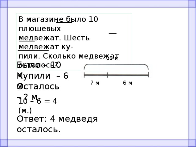 В магазине было 10 плюшевых медвежат. Шесть медвежат ку- пили. Сколько медвежат осталось? 10 м Было – 10 м. Купили – 6 м. 6 м ? м Осталось – ? м. 10 – 6 = 4 (м.) Ответ: 4 медведя осталось. 