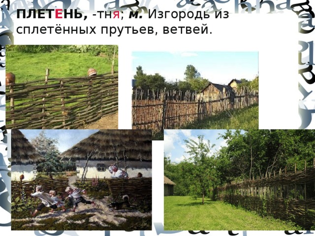 ПЛЕТ Е НЬ,  -тн я ;  м.  Изгородь из сплетённых прутьев, ветвей.
