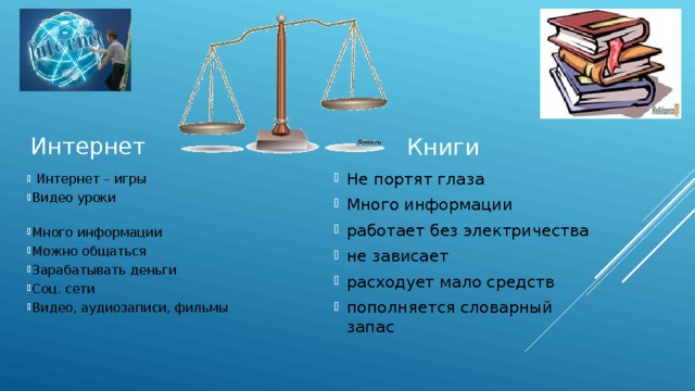   Интернет  Книги Не портят глаза Много информации работает без электричества не зависает расходует мало средств пополняется словарный запас   Интернет – игры Видео уроки Много информации Можно общаться Зарабатывать деньги  Соц. сети Видео, аудиозаписи, фильмы  