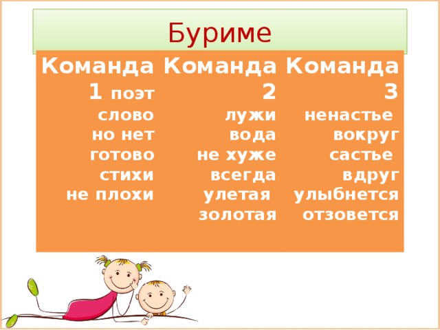 Буриме Команда 1  поэт слово Команда 2 Команда 3 но нет лужи готово ненастье вода вокруг не хуже стихи всегда не плохи састье улетая вдруг золотая улыбнется отзовется
