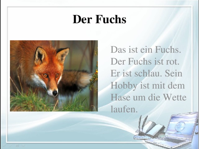 Der Fuchs  Das ist ein Fuchs. Der Fuchs ist rot. Er ist schlau. Sein Hobby ist mit dem Hase um die Wette laufen.