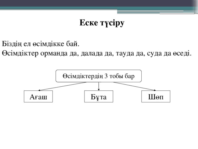 Еске түсіру Біздің ел өсімдікке бай. Өсімдіктер орманда да, далада да, тауда да, суда да өседі. Өсімдіктердің 3 тобы бар Ағаш Бұта Шөп 