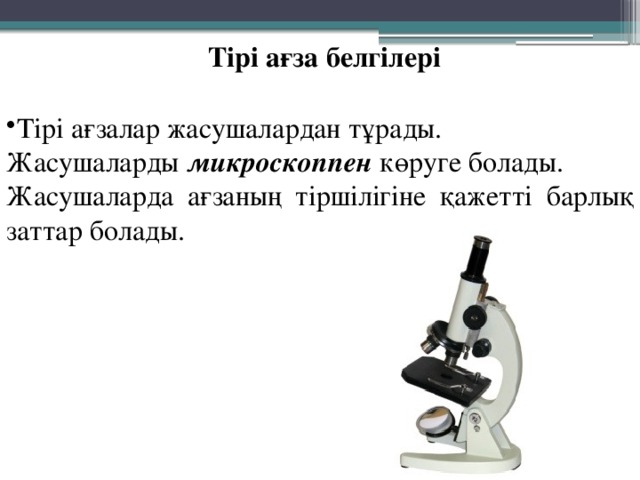 Тірі ағза белгілері Тірі ағзалар жасушалардан тұрады. Жасушаларды микроскоппен көруге болады. Жасушаларда ағзаның тіршілігіне қажетті барлық заттар болады. 