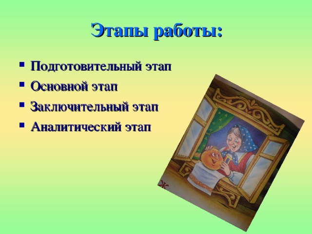 Этапы работы: Подготовительный этап Основной этап Заключительный этап Аналитический этап 
