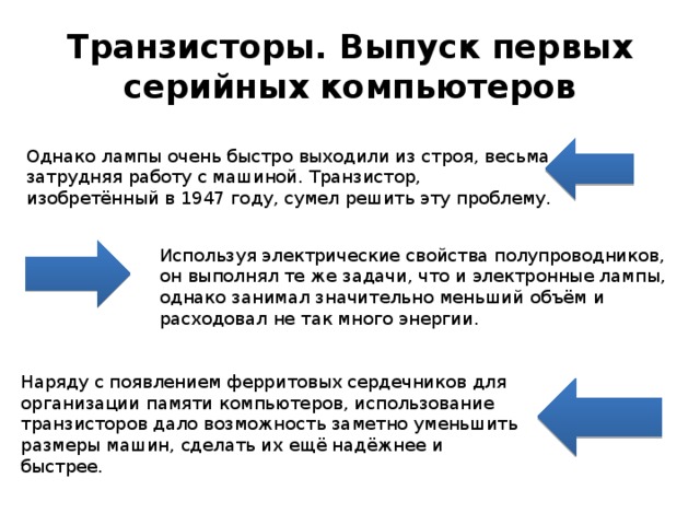 В 1948 году был изобретен транзистор он стал основным элементом компьютеров данного поколения какого