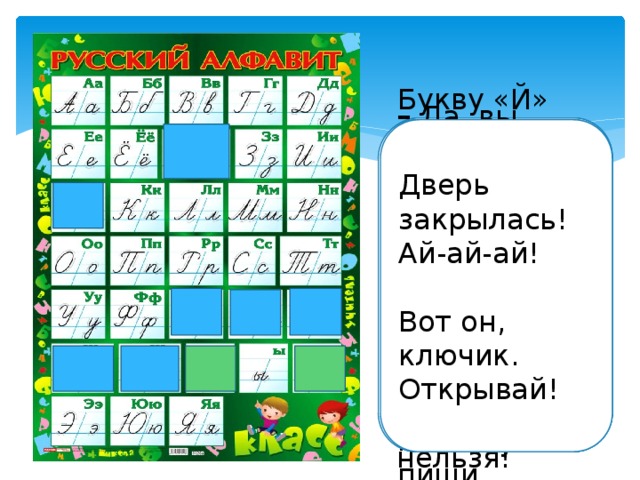 Буква «Р» перевернулась – мягким знаком обернулась. Посмотри на букву «Ш» - буква очень хороша. Потому что из неё можно сделать «Е» и «Ё». Дверь закрылась! Буква «Ц» - внизу крючок. На расчёску «Щ» похожа. – Да, вы правильно решили: «Ч» похожа на «4». Букву «Й» зовут Эта буква широка и похожа на жука. «Х» всё ходит, ходит, ходит… И при этом точно жук издаёт жужжащий звук. Ай-ай-ай! Только с цифрами, друзья, буквы путать вам нельзя! «И кратким». «Й», как «И» стоит в тетрадке. Три зубца всего? Чтобы «Й» не путать с «И», сверху галочку пиши. Точно с краником бачок. Места, что ли не находит?  Ну и что же? Вот он, ключик. Открывай! 