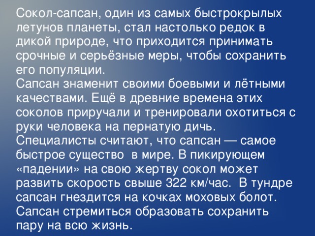 Сокол-сапсан, один из самых быстрокрылых летунов планеты, стал настолько редок в дикой природе, что приходится принимать срочные и серьёзные меры, чтобы сохранить его популяции. Сапсан знаменит своими боевыми и лётными качествами. Ещё в древние времена этих соколов приручали и тренировали охотиться с руки человека на пернатую дичь. Специалисты считают, что сапсан — самое быстрое существо в мире. В пикирующем «падении» на свою жертву сокол может развить скорость свыше 322 км/час. В тундре сапсан гнездится на кочках моховых болот. Сапсан стремиться образовать сохранить пару на всю жизнь.  