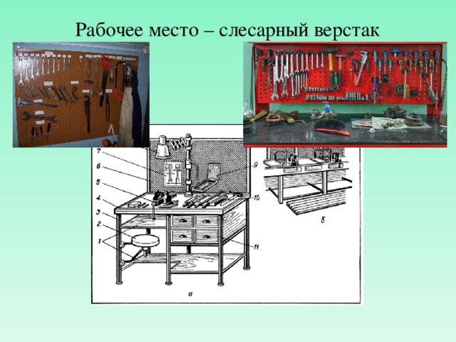 Эскиз рабочего места слесаря вид сверху с указанием привязочных размеров и номера оборудования