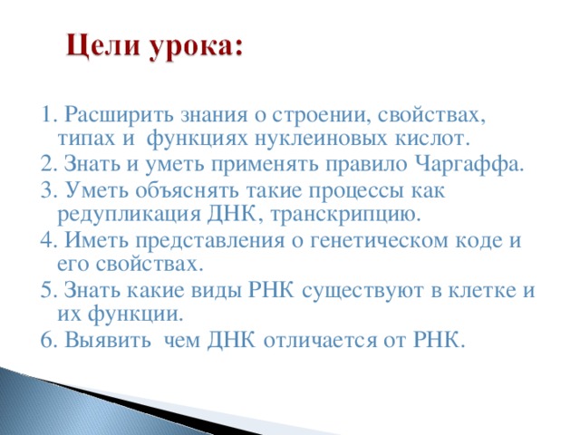1. Расширить знания о строении, свойствах, типах и функциях нуклеиновых кислот. 2. Знать и уметь применять правило Чаргаффа. 3. Уметь объяснять такие процессы как редупликация ДНК, транскрипцию. 4. Иметь представления о генетическом коде и его свойствах. 5. Знать какие виды РНК существуют в клетке и их функции. 6. Выявить чем ДНК отличается от РНК. 