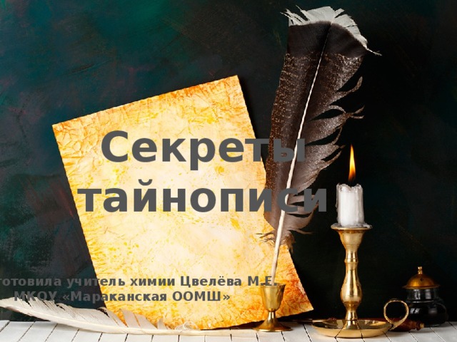 Секреты тайнописи  Подготовила учитель химии Цвелёва М.Е. МКОУ «Мараканская ООМШ» 