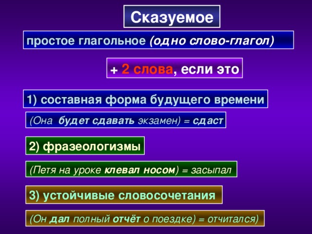 Сказуемое простое глагольное (одно слово-глагол) +  2 слова , если это 1) составная форма будущего времени (Она будет сдавать экзамен) = сдаст 2) фразеологизмы (Петя на уроке клевал носом ) = засыпал 3) устойчивые словосочетания  (Он дал полный отчёт о поездке) = отчитался)