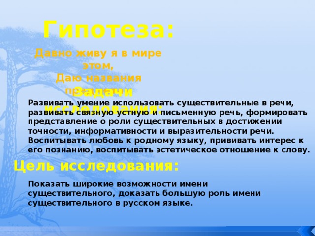Гипотеза: Давно живу я в мире этом, Даю названия предметам Задачи исследования:  Развивать умение использовать существительные в речи, развивать связную устную и письменную речь, формировать представление о роли существительных в достижении точности, информативности и выразительности речи. Воспитывать любовь к родному языку, прививать интерес к его познанию, воспитывать эстетическое отношение к слову. Цель исследования:  Показать широкие возможности имени существительного, доказать большую роль имени существительного в русском языке. 