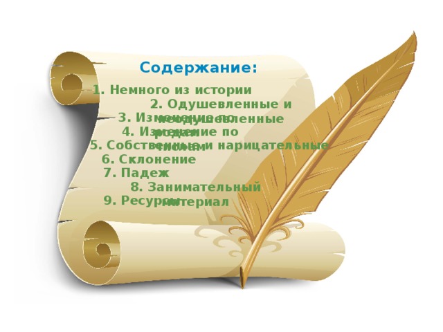 Содержание: 1. Немного из истории 2. Одушевленные и неодушевленные 3. Изменение по родам 4. Изменение по числам 5. Собственные и нарицательные 6. Склонение 7. Падеж 8. Занимательный материал 9. Ресурсы 