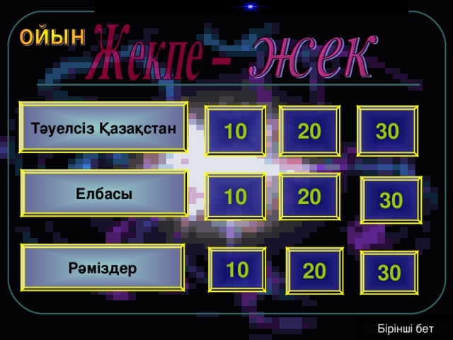 Тәуелсіз Қазақстан 20 10 30 Елбасы 10 20 30 Рәміздер 20 10 30 Бірінші бет 