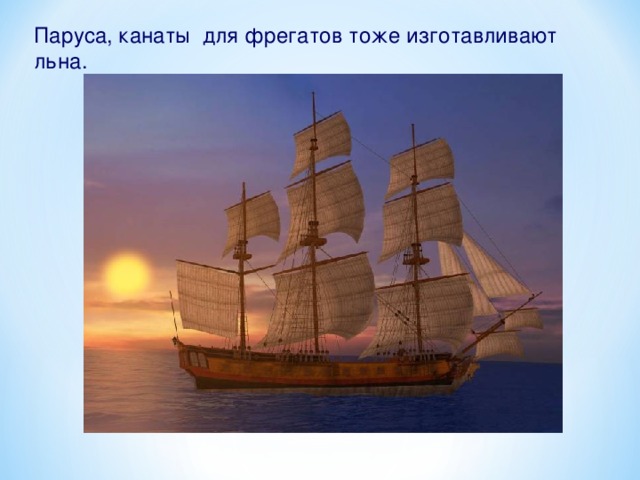 Паруса, канаты для фрегатов тоже изготавливают льна. 32