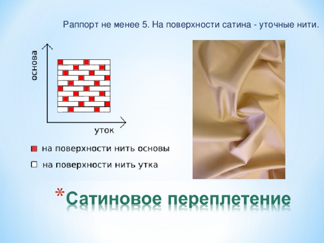 Раппорт не менее 5. На поверхности сатина - уточные нити.