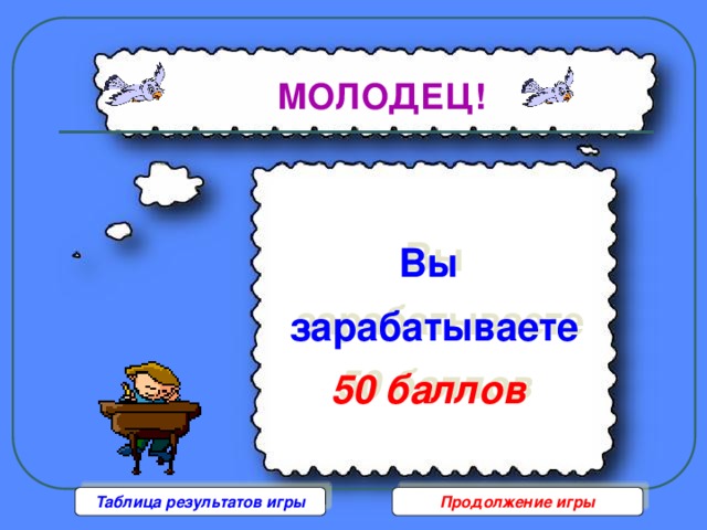 МОЛОДЕЦ!  Вы   зарабатываете   50 баллов Таблица результатов игры Продолжение игры 