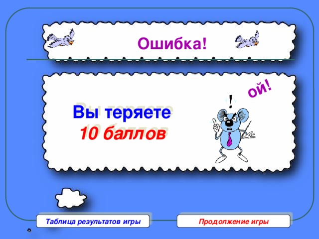 ой! Ошибка! Вы теряете  10 баллов Таблица результатов игры Продолжение игры 