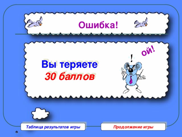 ой! Ошибка! Вы теряете  30 баллов Таблица результатов игры Продолжение игры 