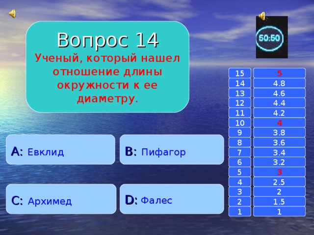Вопрос 14 Ученый, который нашел отношение длины окружности к ее диаметру. 15 5 14 4.8 4.6 13 4.4 12 11 4.2 4 10 9 3.8 A :  Евклид B :  Пифагор 8 3.6 7 3.4 6 3.2 3 5 2.5 4 C :  Архимед D :  Фалес 2 3 1.5 2 1 1 